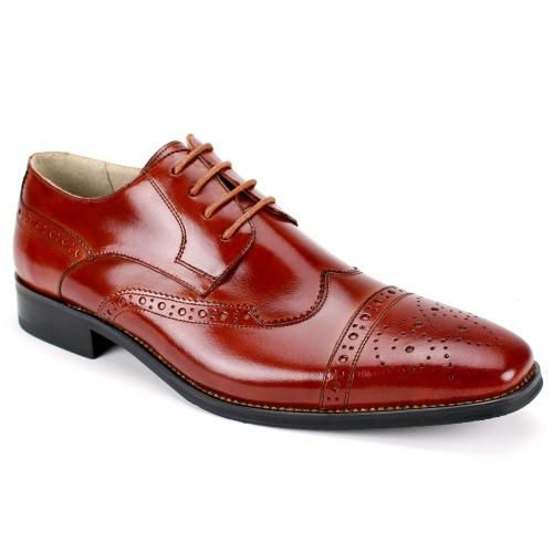 Giovanni "Brogue" Cognac Genuine Calfskin Derby Lace-Up Perforated Wingtip Shoes.