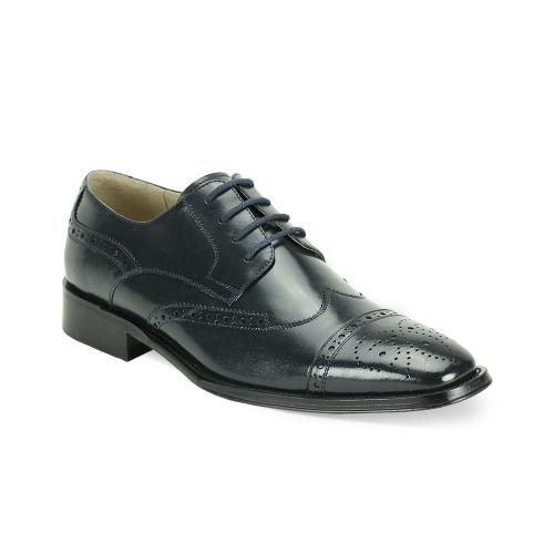 Giovanni "Brogue" Navy Genuine Calfskin Derby Lace-Up Perforated Wingtip Shoes.