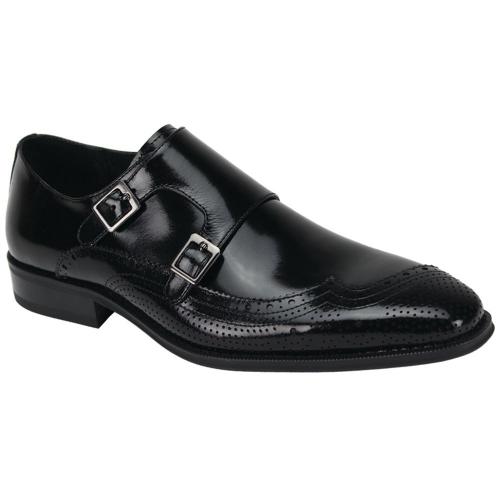 Giovanni "Koleman" Black Genuine Calfskin Double Monk Strap Slip-On Perforated Shoes.