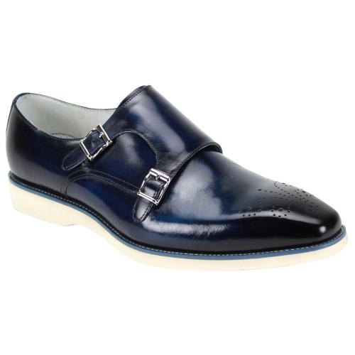 Giovanni "Jaxson" Navy Burnished Calfskin Double Monk Strap Slip-On Perforated Shoes.