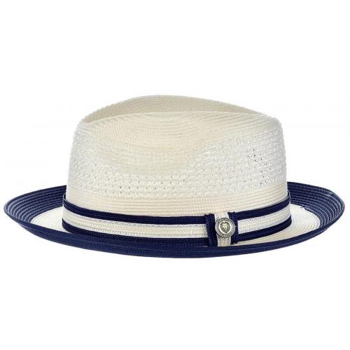 Bruno Capelo "Dayton" Ivory / Navy Blue Braided Straw Fedora Hat.