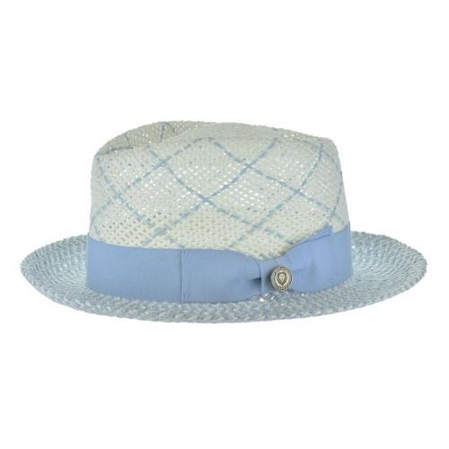 Bruno Capelo White / Light Blue Diamond Crown Fedora Straw Hat EN-972.