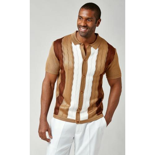 Stacy Adams Camel / Brown / White Button Up Knitted Short Sleeve Shirt 1214