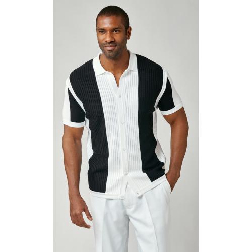 Stacy Adams White / Black Button Up Knitted Short Sleeve Shirt 1207