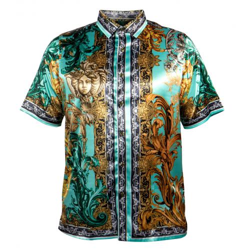 Prestige Mint / Gold / Black Satin Medusa Short Sleeve Shirt PR-154
