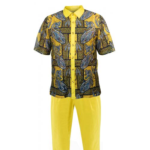Prestige Yellow / Navy / White Hand Laced Irish Linen Short Sleeve Outfit LUX-193
