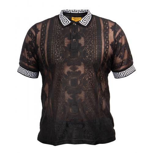 Prestige Black / White Greek Embroidered / Laced Short Sleeve Shirt LACE-317