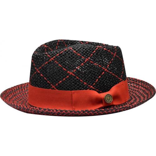 Bruno Capelo Black / Red Diamond Crown Fedora Straw Hat EN-971