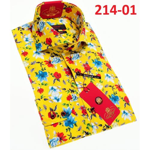 Axxess Yellow / Red / Blue Cotton Flower Design Modern Fit Dress Shirt With Button Cuff 214-01.