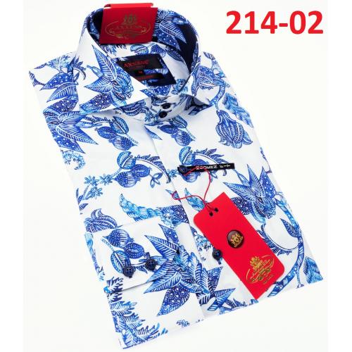 Axxess White / Blue Cotton Leaf Design Modern Fit Dress Shirt With Button Cuff 214-02.