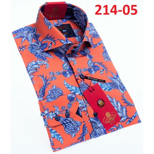 Axxess Orange / Blue Cotton Leaf Design Modern Fit Dress Shirt With Button Cuff 214-05.