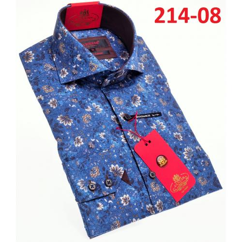 Axxess  Blue / Beige Cotton Flower Design Modern Fit Dress Shirt With Button Cuff 214-08.