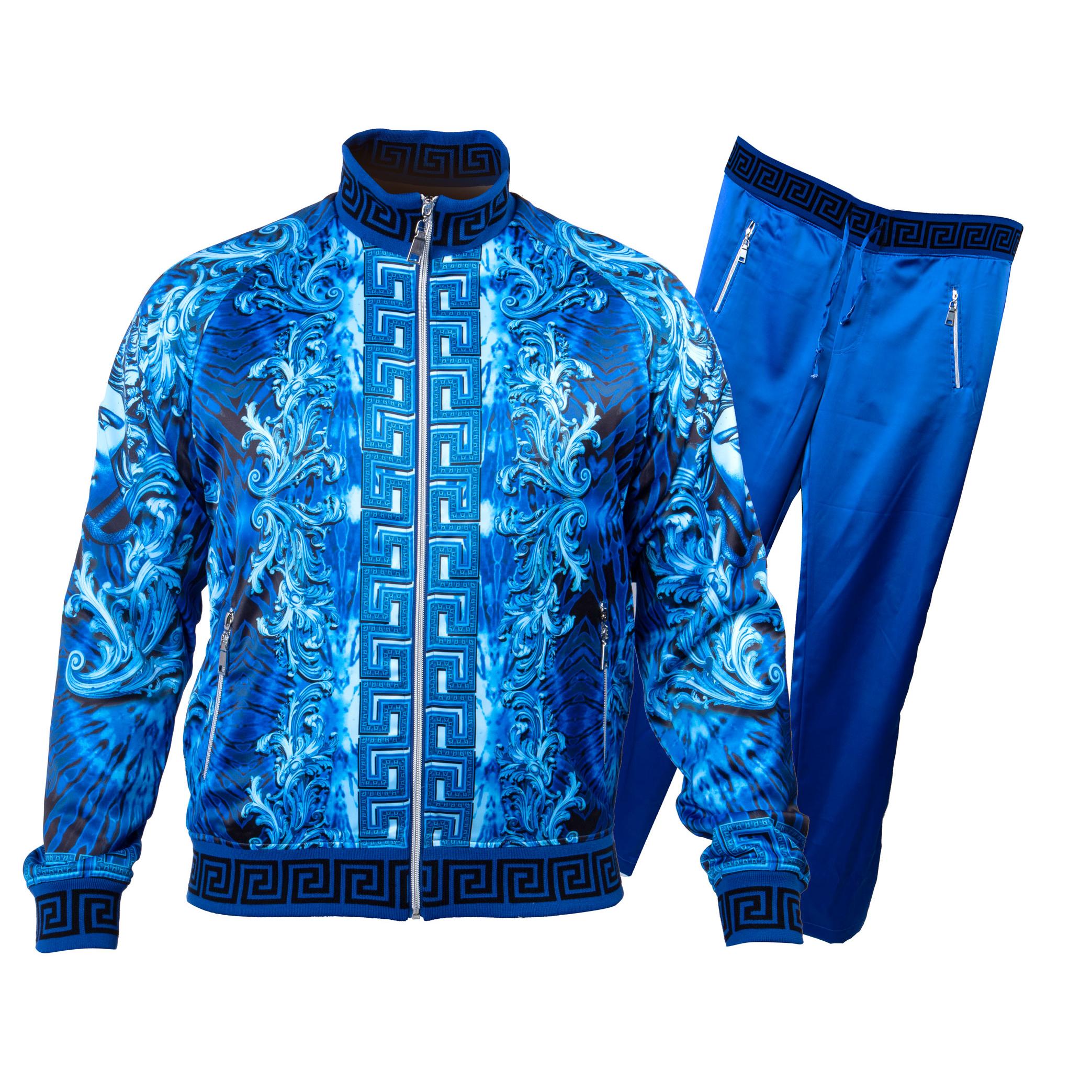 Prestige Royal Blue Satin Medusa Greek Design Tracksuit Outfit Jgs Upscale