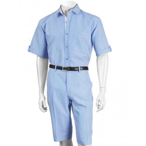 Giorgio Inserti Blue / White Seersucker Button Up Short Set Outfit 7381