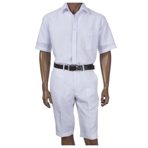 Giorgio Inserti White Seersucker Button Up Short Set Outfit 7381