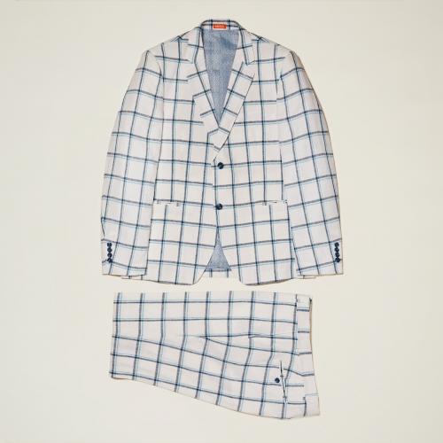 Inserch White / Aqua Blue / Navy Window Plaid Linen Modern Fit Suit 660133