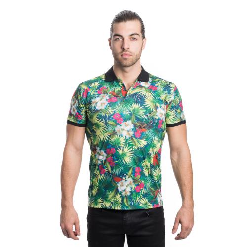 V.I.P. Multi Green / Black Floral Short Sleeve Polo Shirt VPK20-28