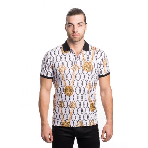 V.I.P. White / Gold / Black Medusa Design Short Sleeve Polo Shirt VPK20-30