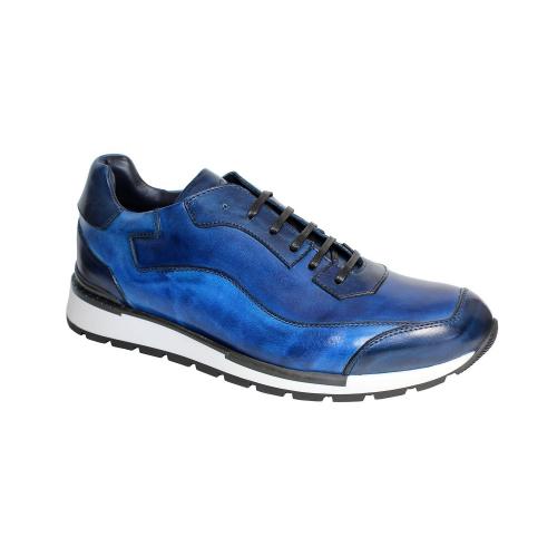 Duca Di Matiste "Cento" Blue Two-Tone Genuine Calf-Skin Leather Casual Sneakers.