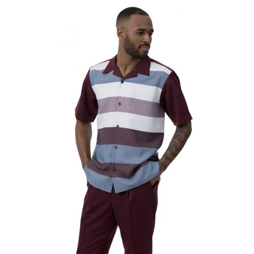 Montique Wine / White / Grey Sectional Design Short Sleeve Outfit 2038