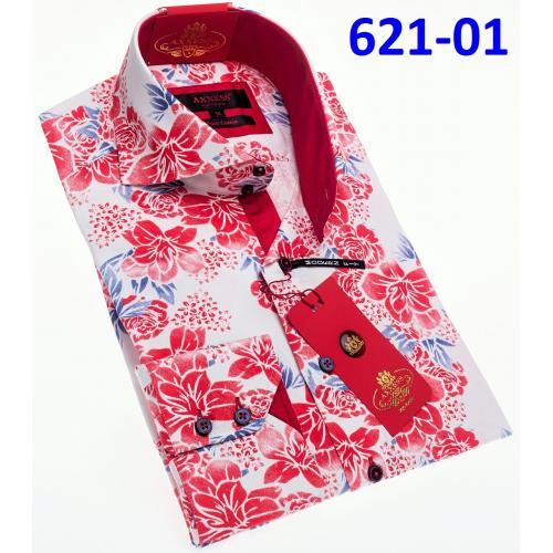 Axxess Red / Blue / White Cotton Flower Design Modern Fit Dress Shirt With Button Cuff 621-01.