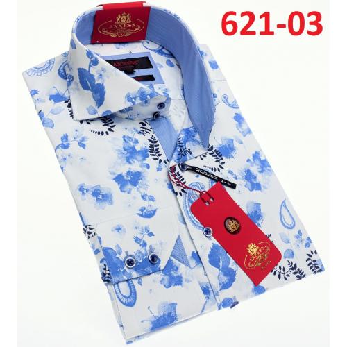 Axxess Blue / White Cotton Flower Design Modern Fit Dress Shirt With Button Cuff 621-03.