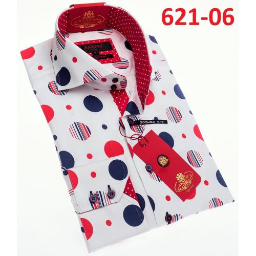 Axxess White / Red / Blue Cotton Polka Dot Design Modern Fit Dress Shirt With Button Cuff 621-06.