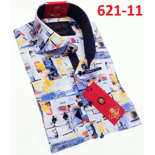 Axxess Yellow / Blue / White Cotton Artistic Design Modern Fit Dress Shirt With Button Cuff 621-11.