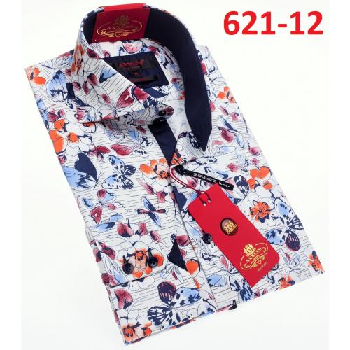 Axxess Orange / Blue / White Cotton Butterfly Flower Design Modern Fit Dress Shirt With Button Cuff 621-12.