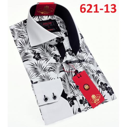 Axxess Black / White Cotton Palm Leaf Design Modern Fit Dress Shirt With Button Cuff 621-13.