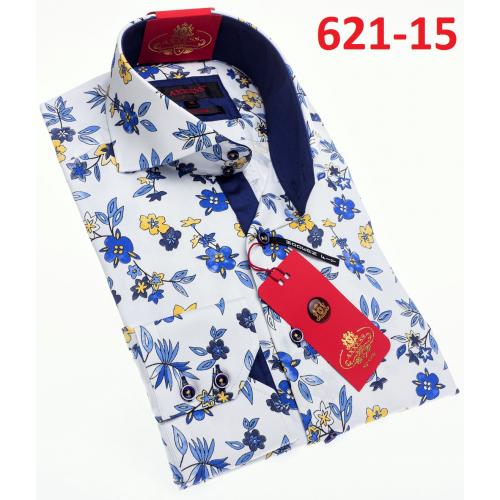 Axxess Blue / White / Yellow Cotton Flower Design Modern Fit Dress Shirt With Button Cuff 621-15.