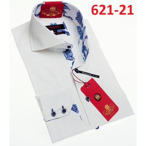 Axxess White / Blue Cotton Modern Fit Dress Shirt With Button Cuff 621-21.