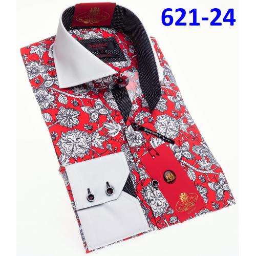 Axxess Red / White / Grey Cotton Flower Design Modern Fit Dress Shirt With Button Cuff 621-24.