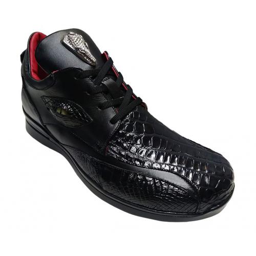 Fennix Italy "Mason" Black Genuine Alligator / Calf-Skin Leather Casual Sneakers With Eyes.