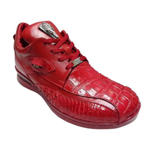Fennix Italy "Mason" Red Genuine Alligator / Calf-Skin Leather Casual Sneakers With Eyes.