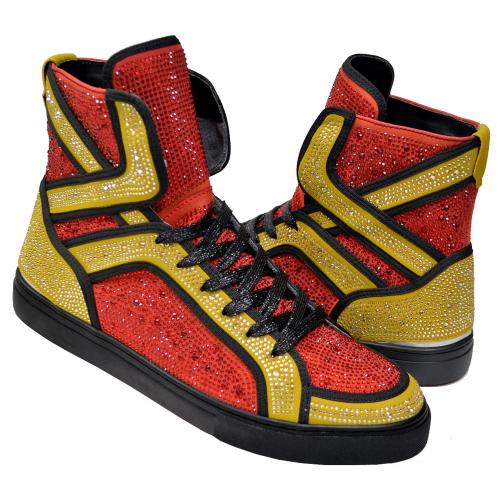 Fiesso Red / Gold / Black Crystal Studded Microsuede High Top Sneakers FI2402