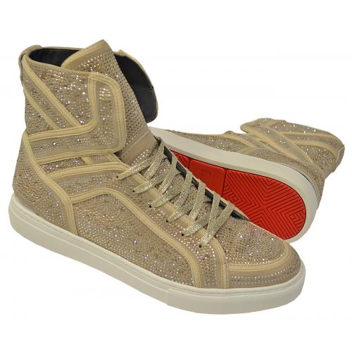 Fiesso Champagne Crystal Studded Microsuede High Top Sneakers FI2402
