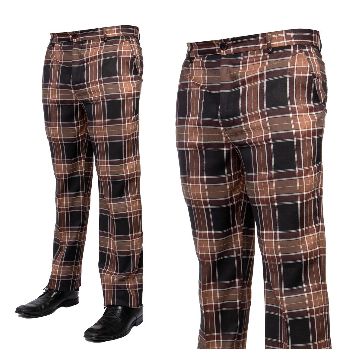 Prestige Brown and Black Plaid Flat Front Slacks For Men | Men's Pants