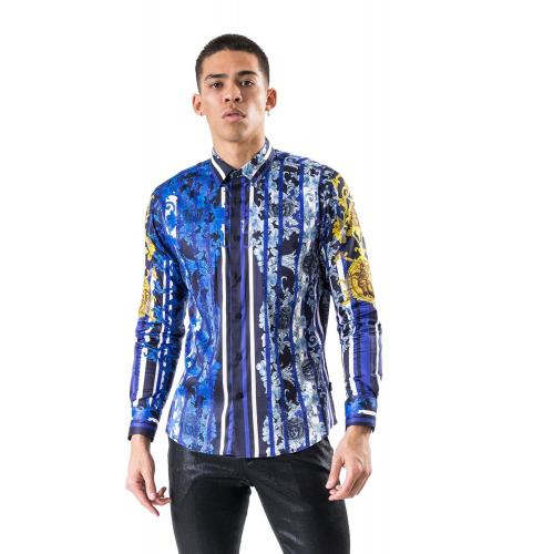 Barabas Blue Combo / White Satin Crystal Studded Long Sleeve Shirt SPR953