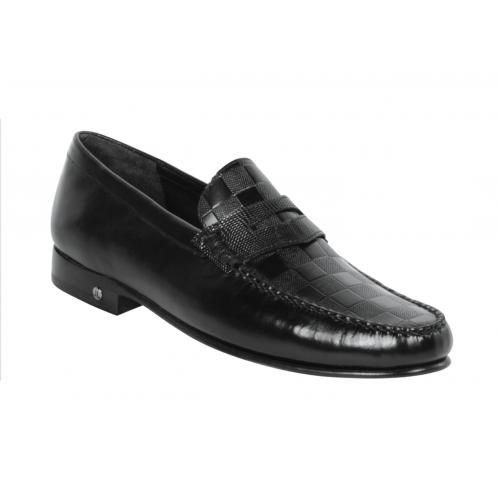 Lombardy Black Genuine Lizard / Leather Check Pattern Penny Loafer Shoes ZLA038605.