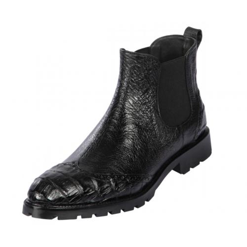 Lombardy Black Genuine Ostrich & Crocodile Lug Sole Ankle Boot ZLM078205.