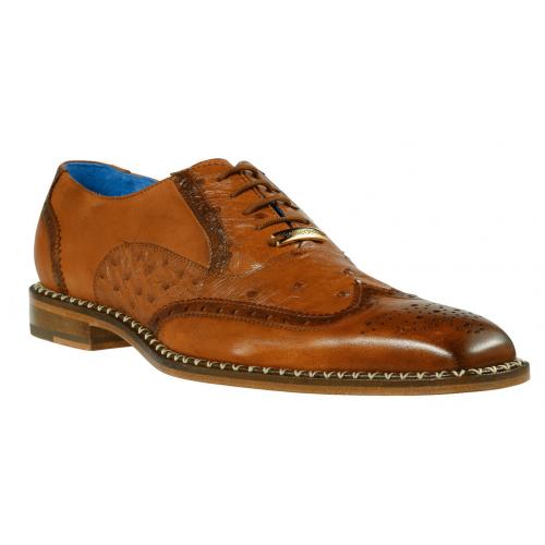 Belvedere "Napoli" Antique Camel Genuine Exotic Ostrich / Calf-Skin Leather Oxford Shoes R33.