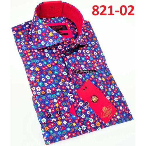 Axxess Blue / Red  Cotton Flower Design Modern Fit Dress Shirt With Button Cuff 821-02.