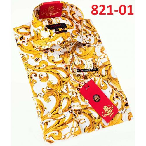 Axxess Gold / White Cotton Modern Fit Dress Shirt With Button Cuff 821-01.