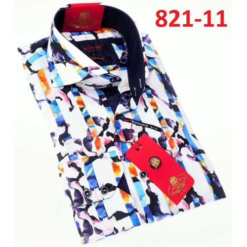 Axxess White/ Blue/ Yellow Artistic Design Cotton Modern Fit Dress Shirt With Button Cuff 821-11.