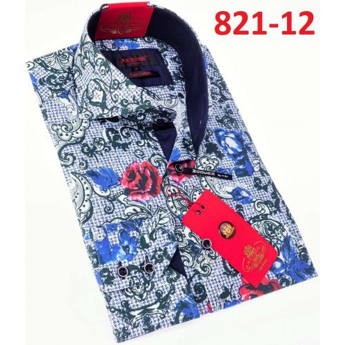 Axxess White/ Red/ Blue Flower Design Cotton Modern Fit Dress Shirt With Button Cuff 821-12.