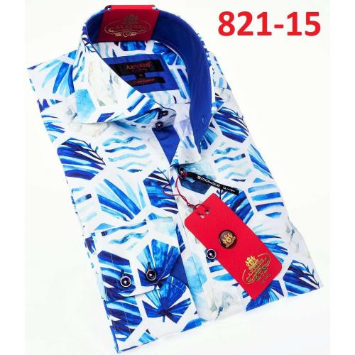 Axxess White/ Blue Lavish Leaves Design Cotton Stripes Design Modern Fit Dress Shirt With Button Cuff 821-15.