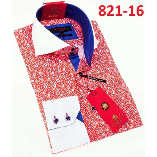 Axxess White/ Red/ Blue Artistic Design Cotton Modern Fit Dress Shirt With Button Cuff 821-16.