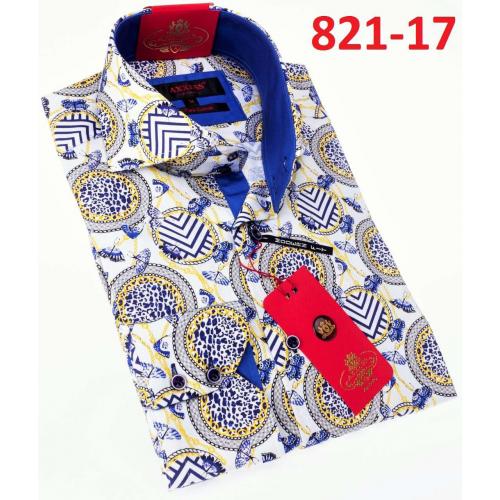 Axxess White/ Blue Artistic Circle Design Cotton Modern Fit Dress Shirt With Button Cuff 821-17.