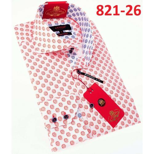 Axxess Red/ White Flower Design Cotton Modern Fit Dress Shirt With Button Cuff 821-26.